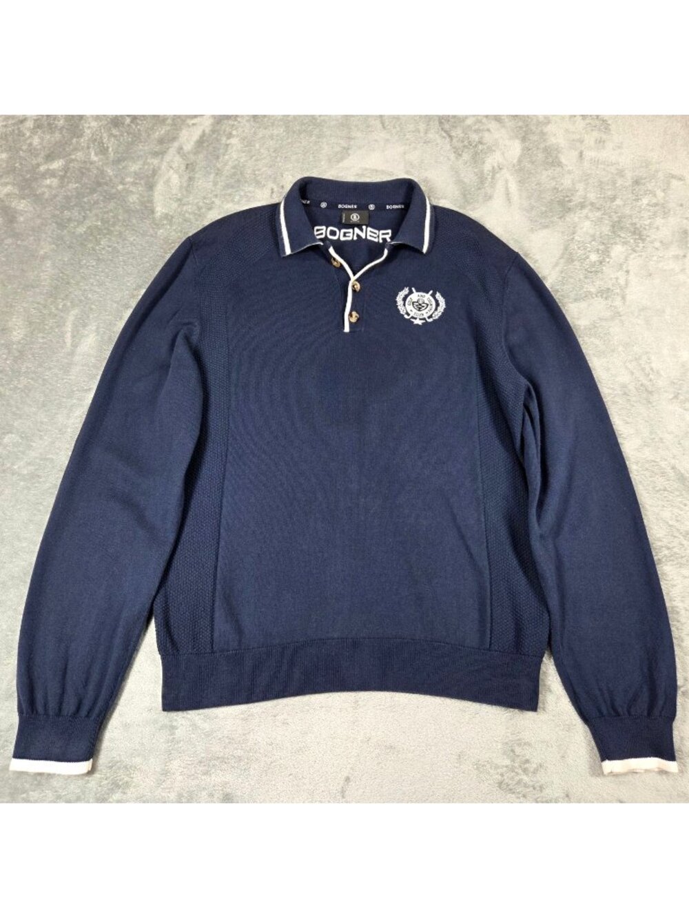 Bogner Sweater Mens Medium Navy Golf & Country Club Crest Lightweight Pullover